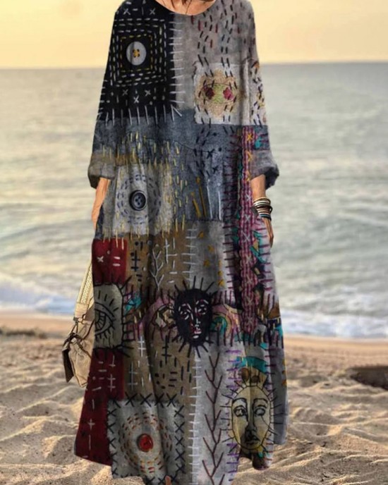Vintage Stitching Geometric Pattern Women's Linen Maxi Dress