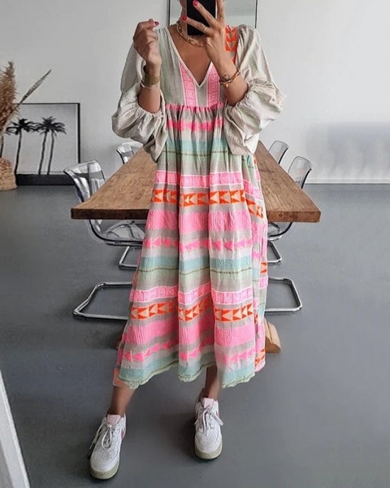 Vintage Colorful Linen Blend Midi Dress Vintage Colorful Linen Blend Midi Dress