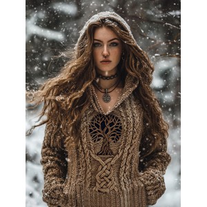 Women's Viking Tribal Runes Life Of Tree Chunky Knit Hooded Sweater