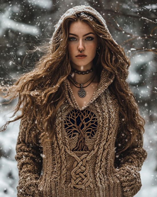 Women's Viking Tribal Runes Life Of Tree Chunky Knit Hooded Sweater Women's Viking Tribal Runes Life Of Tree Chunky Knit Hooded Sweater