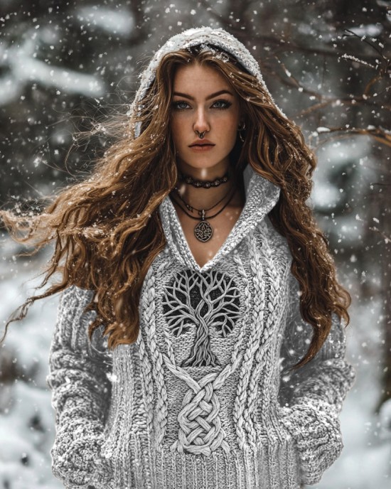 Women's Viking Tribal Runes Life Of Tree Chunky Knit Hooded Sweater Women's Viking Tribal Runes Life Of Tree Chunky Knit Hooded Sweater