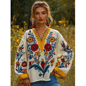 Ukrainian Folk Floral Embroidery Contrasting Color Linen V-neck Shirt