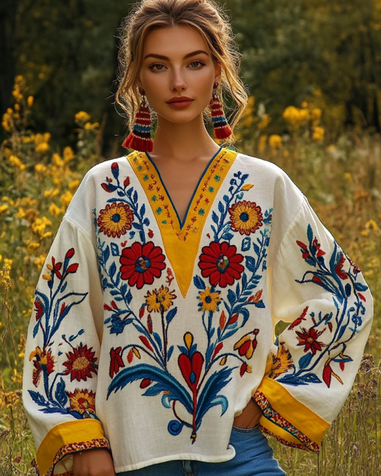 Ukrainian Folk Floral Embroidery Contrasting Color Linen V-neck Shirt Ukrainian Folk Floral Embroidery Contrasting Color Linen V-neck Shirt