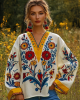 Ukrainian Folk Floral Embroidery Contrasting Color Linen V-neck Shirt Ukrainian Folk Floral Embroidery Contrasting Color Linen V-neck Shirt