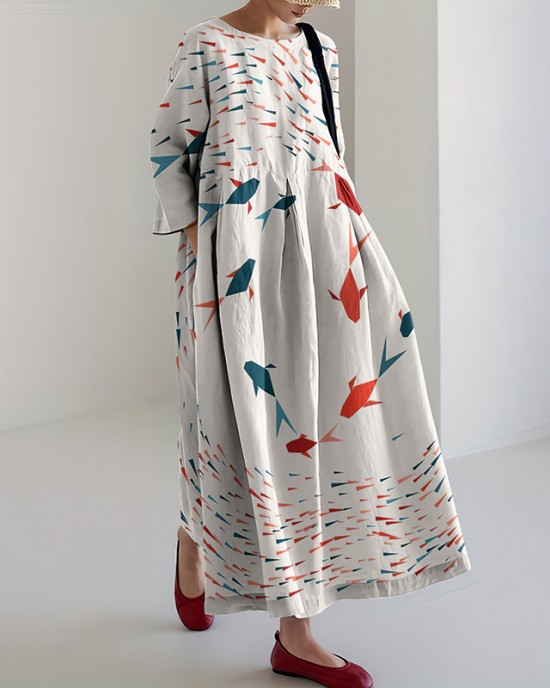Fish Printed Loose Midi Dress