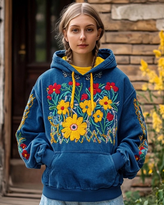 Ukrainian Floral Embroidered Vintage Cozy Hoodie
