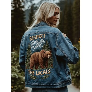 Respect The Locals Bear Embroidery Women's Denim Jacket