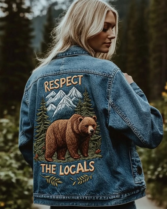 Respect The Locals Bear Embroidery Women's Denim Jacket Respect The Locals Bear Embroidery Women's Denim Jacket