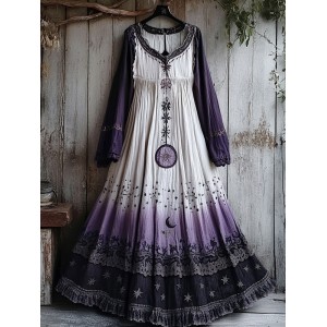 Women's Retro Tribal Star And Moon Gradient Design Long Dress