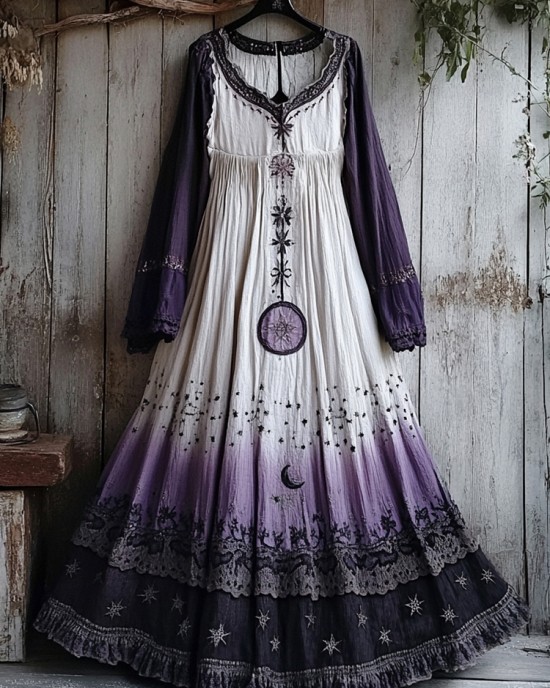 Women's Retro Tribal Star And Moon Gradient Design Long Dress Women's Retro Tribal Star And Moon Gradient Design Long Dress