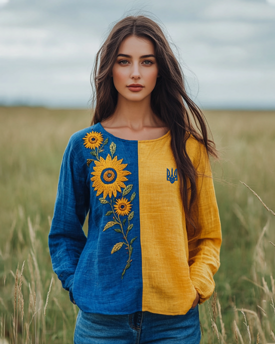 Ukraine Sunflower Embroidery Art Blend Linen Round Neck T-shirt Ukraine Sunflower Embroidery Art Blend Linen Round Neck T-shirt
