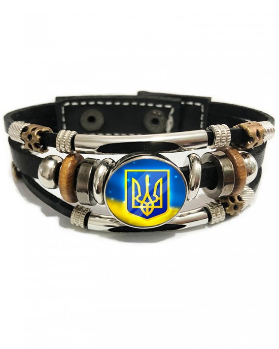 Ukraine Handmade Glass Round Snap Wide Leather Bracelet