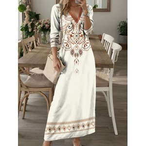 Geometric Floral Print Elegant Long Sleeve Dress