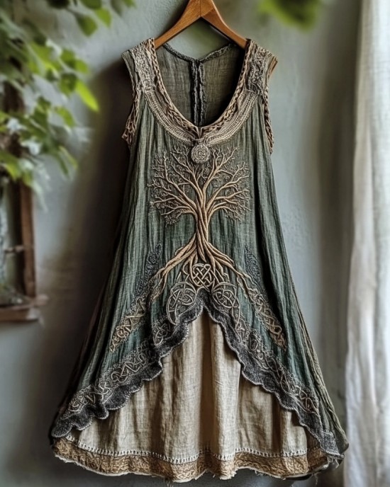 Tribal Viking Life Of Tree Celtic Knot Lace Art Linen Tank Dress