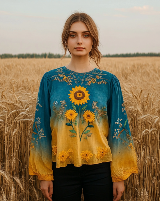 Women's Ukrainian Sunflower Embroidery Art Linen Blend T-shirt Women's Ukrainian Sunflower Embroidery Art Linen Blend T-shirt