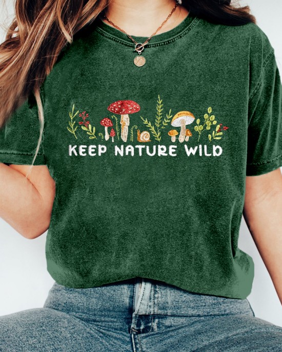 Keep Nature Wild Mushroom Embroidered Washed T Shirt Keep Nature Wild Mushroom Embroidered Washed T Shirt