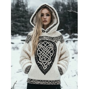 Women's Tribal Knit Jacquard Warm Hooded Sweater