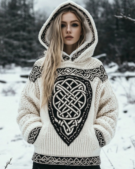 Women's Tribal Knit Jacquard Warm Hooded Sweater