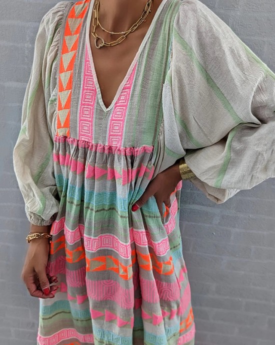 Vintage Colorful Linen Blend Midi Dress Vintage Colorful Linen Blend Midi Dress