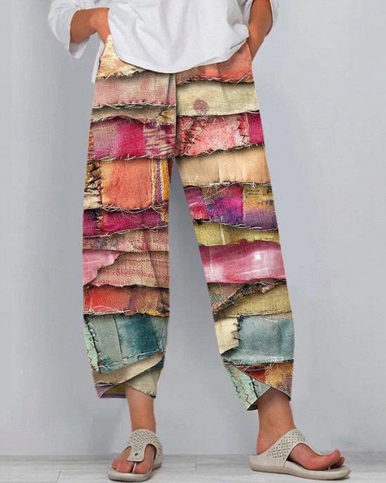 Women's Vintage Multicolor Patchwork Art Linen Blend Pants Women's Vintage Multicolor Patchwork Art Linen Blend Pants