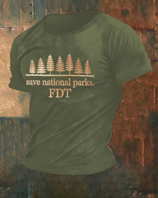 Men's Retro Save National Parks Fdt Printed Casual Crew Neck T-shirt