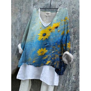 Ukrainian Flag In Floral Oil Art Stop Ukr War Print Linen Women's V-neck Shirt