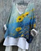 Ukrainian Flag In Floral Oil Art Stop Ukr War Print Linen Women's V-neck Shirt Ukrainian Flag In Floral Oil Art Stop Ukr War Print Linen Women's V-neck Shirt