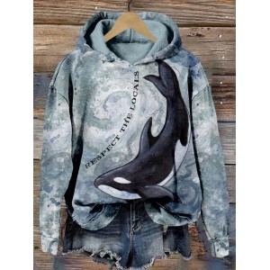 Respect The Locals Embroidered Whales Print Cozy Hoodie