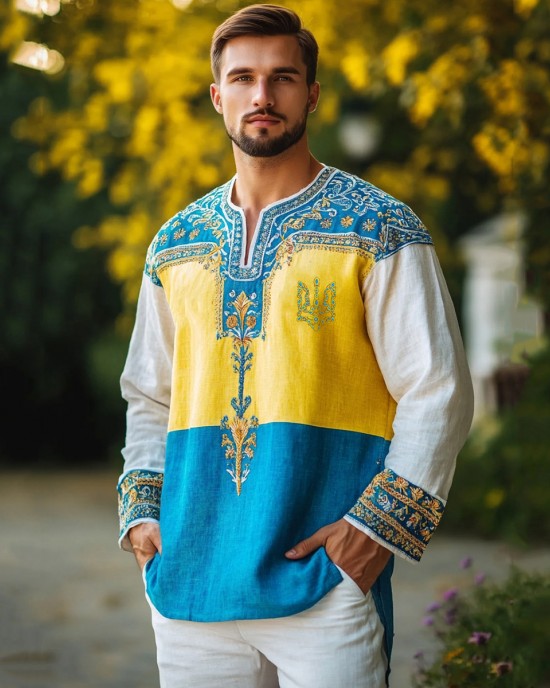 Men's Ukrainian Embroidered Trident Contrast Shirt
