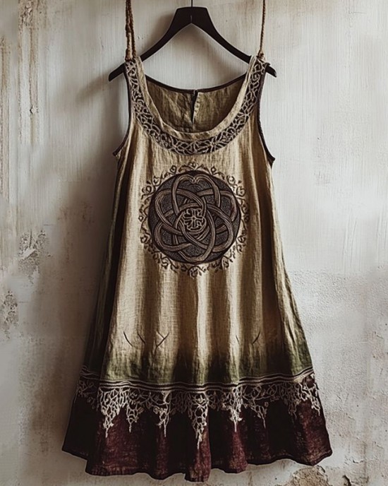 Vintage Viking Totem Color Block Linen Tank Dress
