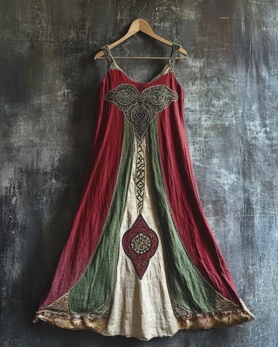 Celtic Totem Printed Vintage Linen Halter Dress