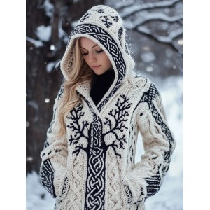 Women's Viking Inspired Celtic Knot Jacquard Knit Hooded Cardigan