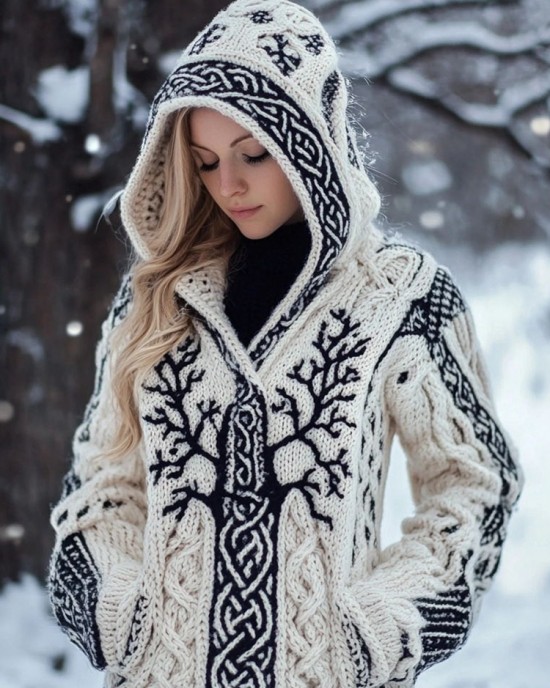 Women's Viking Inspired Celtic Knot Jacquard Knit Hooded Cardigan Women's Viking Inspired Celtic Knot Jacquard Knit Hooded Cardigan