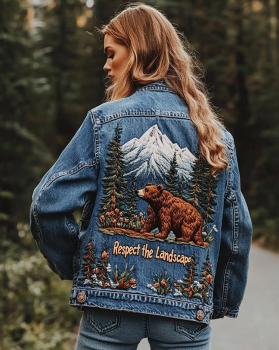 Vintage Landscape Floral And Bear Embroidered Denim Jacket Vintage Landscape Floral And Bear Embroidered Denim Jacket
