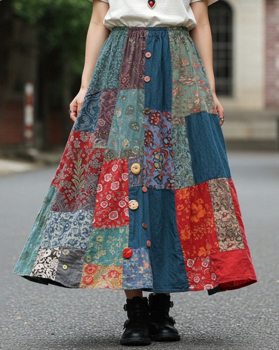 Bohemian Style Colorful Patchwork Ethnic Print Skirt Bohemian Style Colorful Patchwork Ethnic Print Skirt