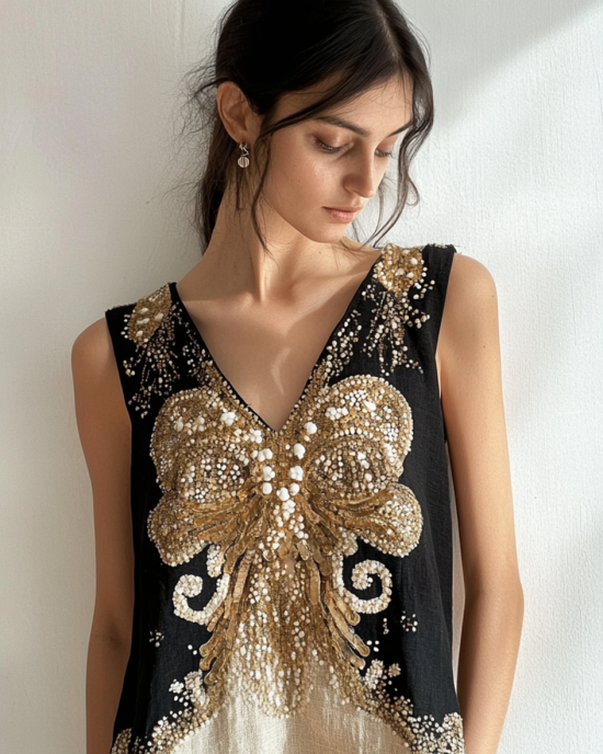 Women's Viking Cthulhu Celtic Gold Foil Design Linen Top Women's Viking Cthulhu Celtic Gold Foil Design Linen Top