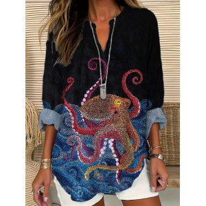Ocean Octopus Embroidered Thread Stitch Women's Linen Shirt