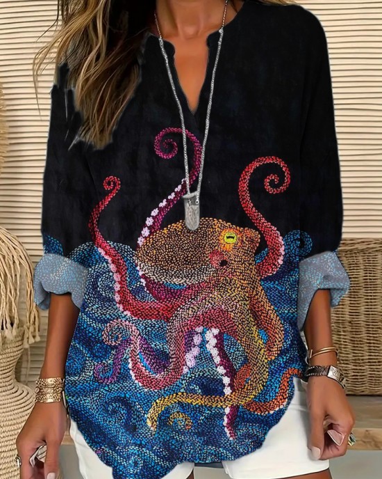 Ocean Octopus Embroidered Thread Stitch Women's Linen Shirt Ocean Octopus Embroidered Thread Stitch Women's Linen Shirt