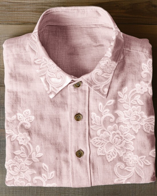 Classy Floral Embroidered Lace Linen Blend Blouse Classy Floral Embroidered Lace Linen Blend Blouse