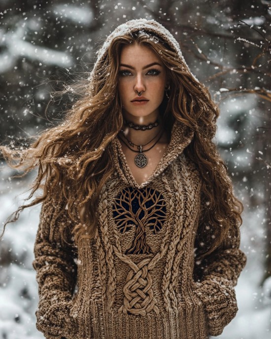 Women's Viking Tribal Runes Life Of Tree Chunky Knit Hooded Sweater Women's Viking Tribal Runes Life Of Tree Chunky Knit Hooded Sweater