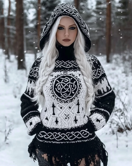 Women's Viking Style Knitted Jacquard Hooded Sweater