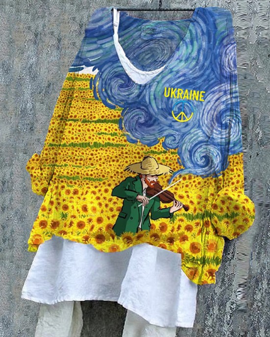 Women's Ukraine Oil Panting Print V-neck Top Women's Ukraine Oil Panting Print V-neck Top