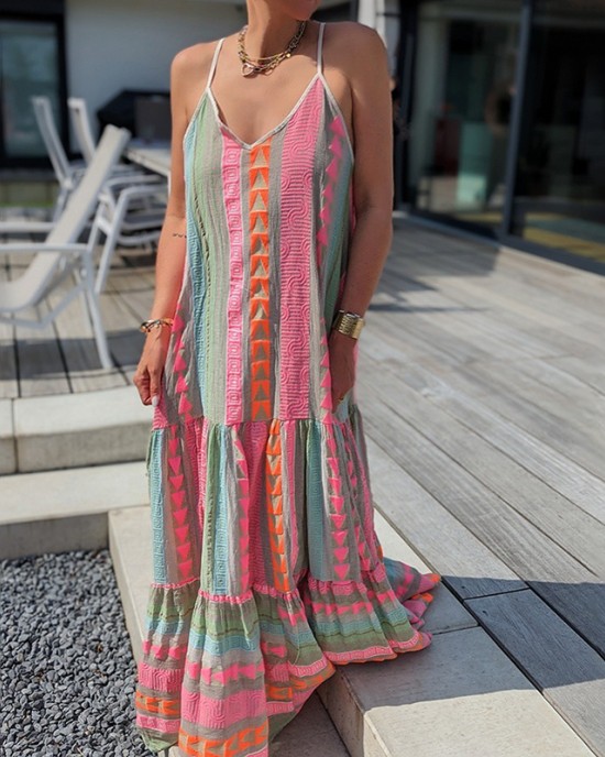 Vintage Geometric Color Block Bohemian Patchwork Sleeveless Colorful Dress Vintage Geometric Color Block Bohemian Patchwork Sleeveless Colorful Dress