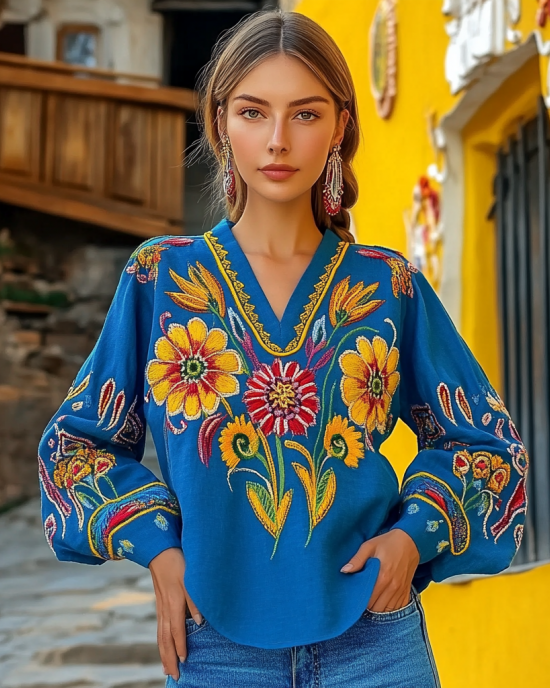 Ukrainian Folk Floral Embroidery Linen V-neck Shirt Ukrainian Folk Floral Embroidery Linen V-neck Shirt