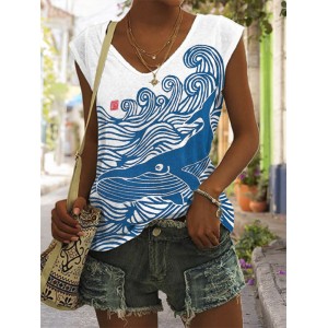 Whale & Waves Japanese Lino Art V Neck Tank Top