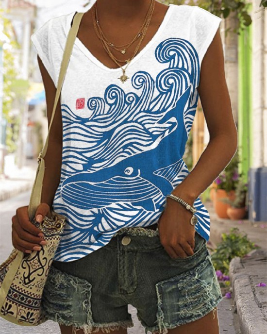 Whale & Waves Japanese Lino Art V Neck Tank Top