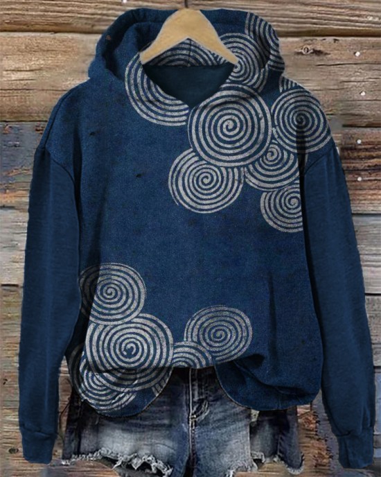 Simple Sea Waves Japanese Lino Art Cozy Hoodie