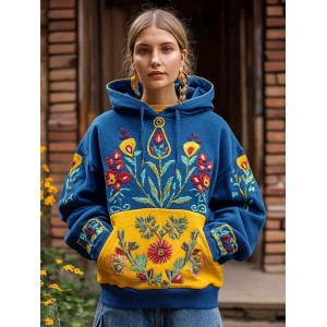 Ukrainian Folk Floral Embroidered Contrast Color Washed Hoodie