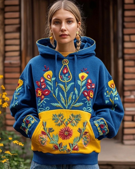 Ukrainian Folk Floral Embroidered Contrast Color Washed Hoodie Ukrainian Folk Floral Embroidered Contrast Color Washed Hoodie