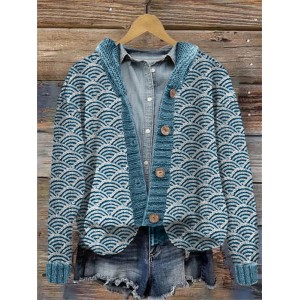 Japanese Sea Waves Inspired Knit Art Hooded Cardigan